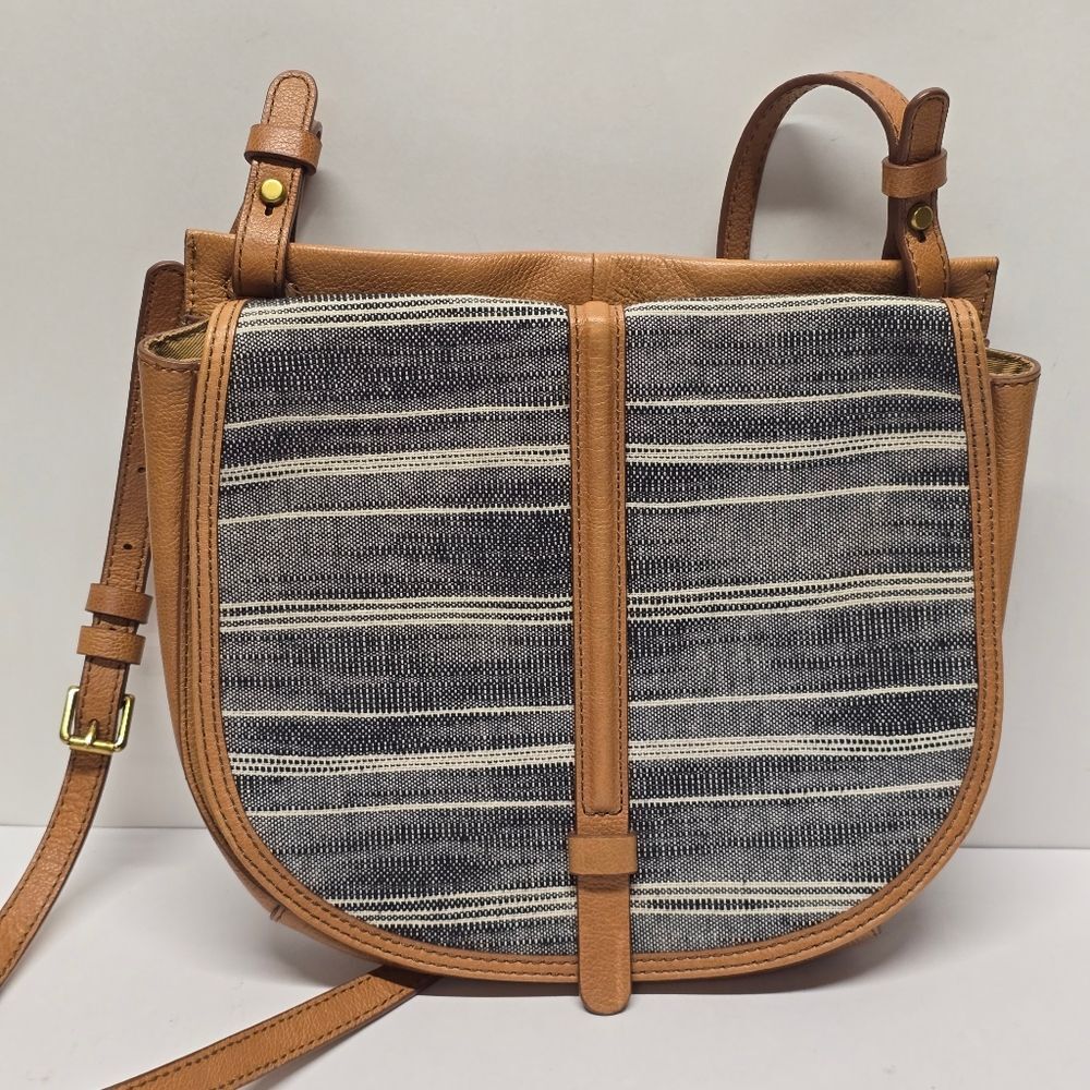 Vintage Fossil Saddle Bag Boho Crossbody In Tan Leather And Striped Canvas